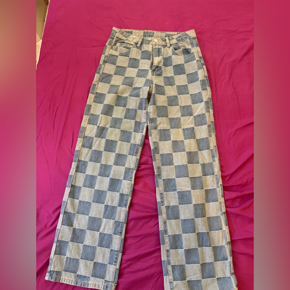 Checkered Two-toned Denim Pants